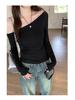 Black Long-Sleeve Off-Shoulder Top – Sexy Autumn Clavicle Design