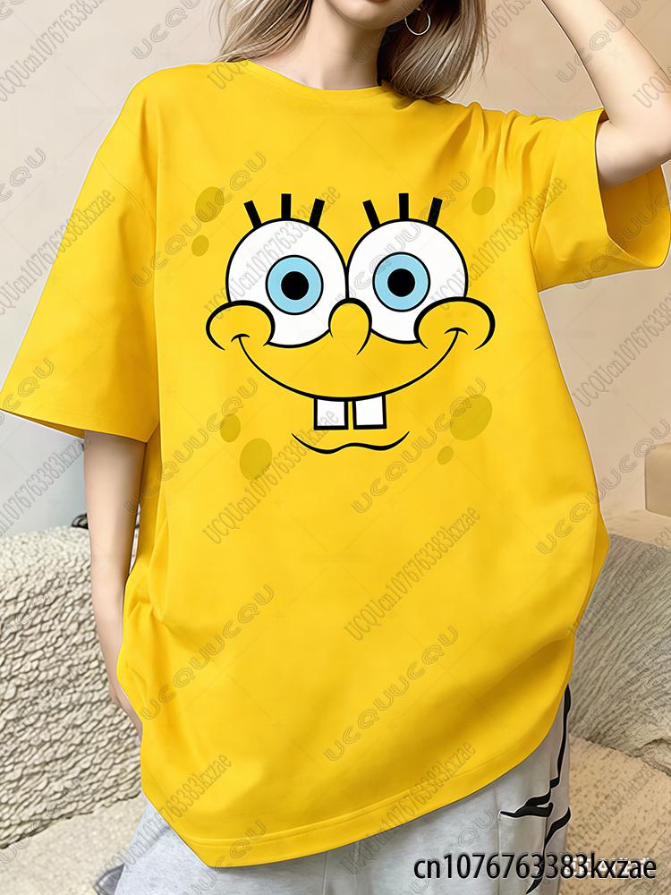 Summer New Cartoon SpongeBob Print T-shirts For Women Casual Street Hip Hop Tshirts Kawaii Sleepwear For Couple Y2K Loose Tops