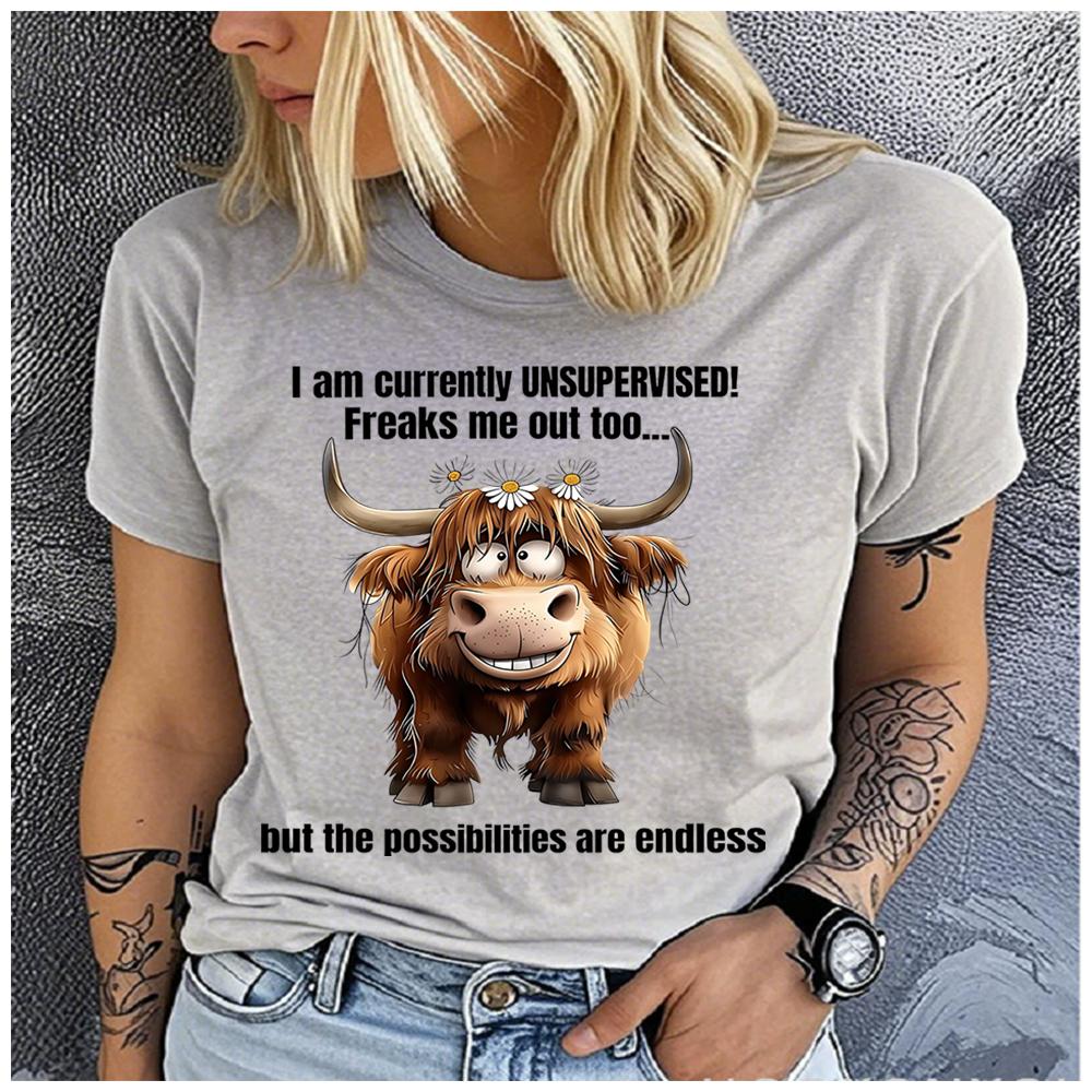 Women s Polyester 100% Alphabet Cow Print T-shirt Loose round Neck Casual Short Sleeve Fashion Top  Clothing Summer S