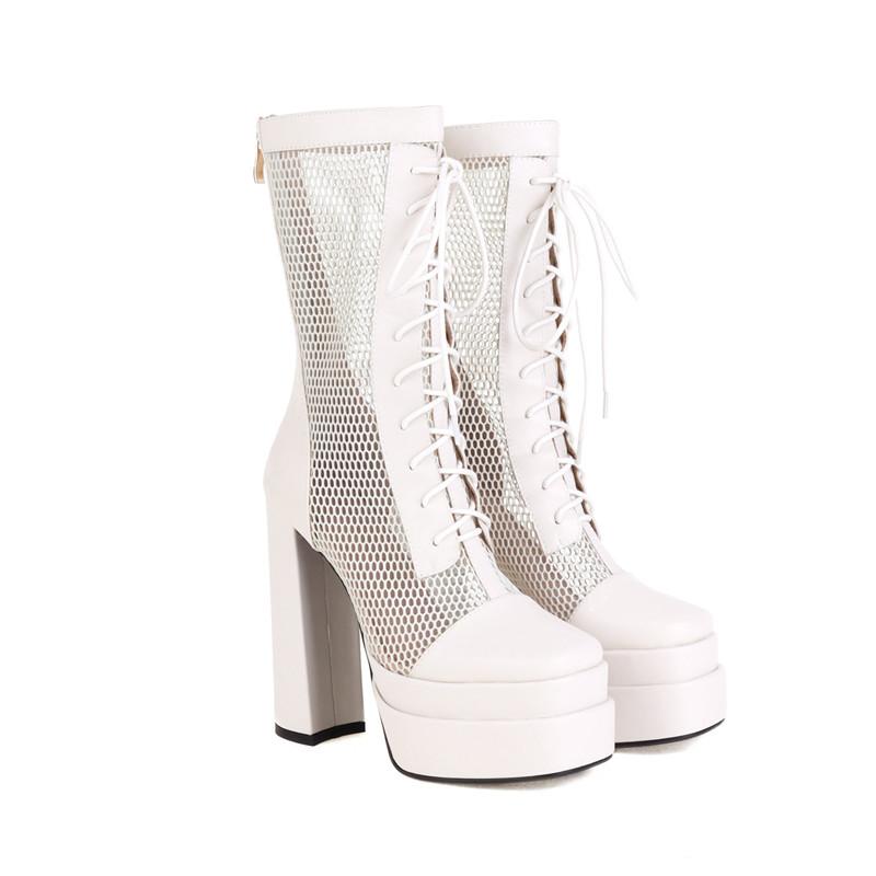 Женские короткие ботильоны на высоком каблуке, сексуальные, в европейском и американском стиле, водонепроницаемые, на платформе, на толстом каблуке, большого размера, сетчатые ботильоны 35 белый