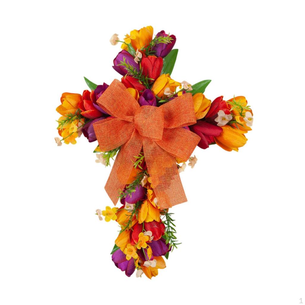 Wreath for Front Door, Cross Design with Artificial Flowers Easter Celebrations