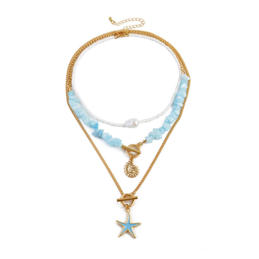 3Pcs/Set Irregular Blue Stone Chain Necklace Women Boho Conch Starfish Pendant Y2K Jewelry Beads Choker