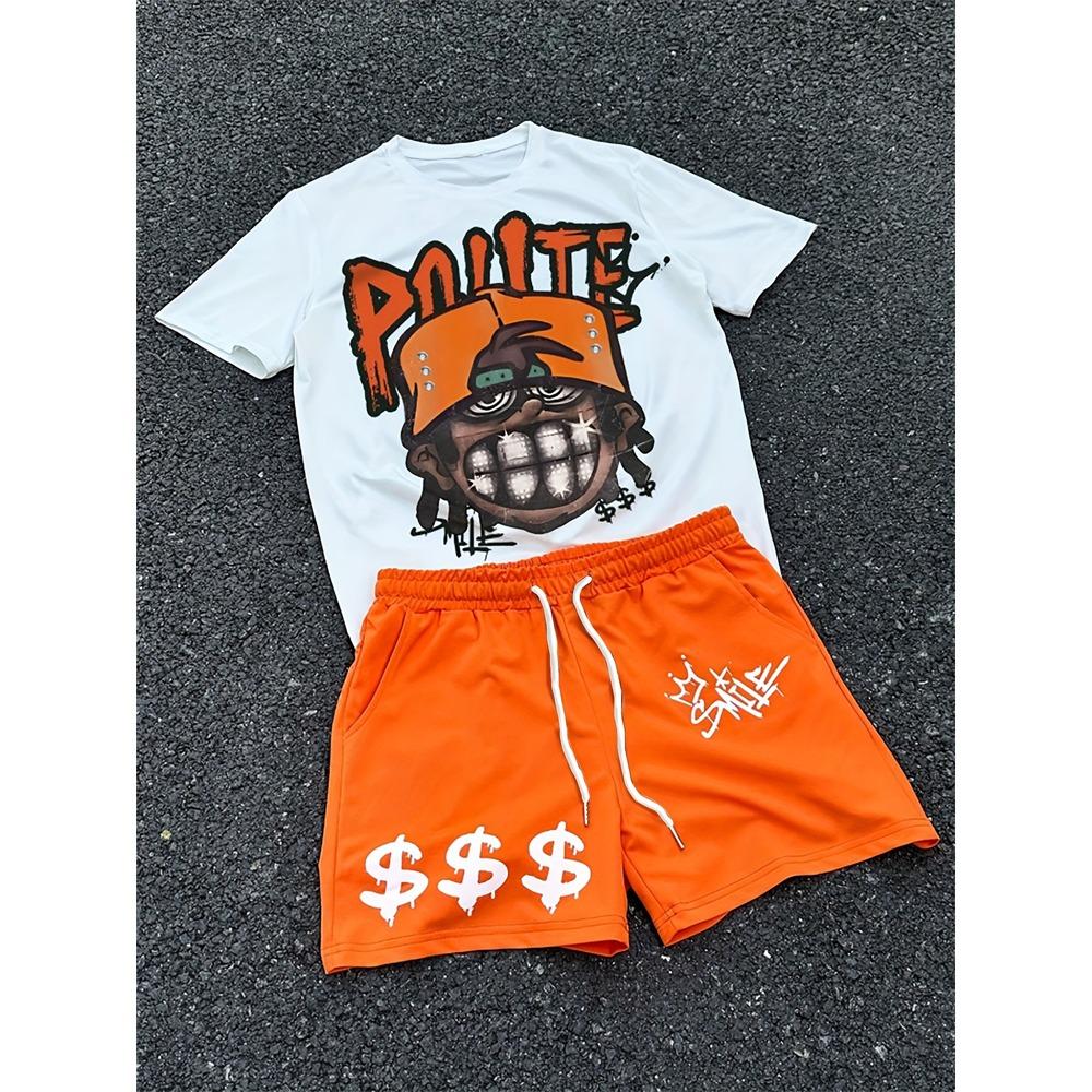 2026 New Spring American Hip-hop Style Men's Round-neck Top And Casual Shorts, Street Fashion Trend Men's Short-sleeved 2pcs Set