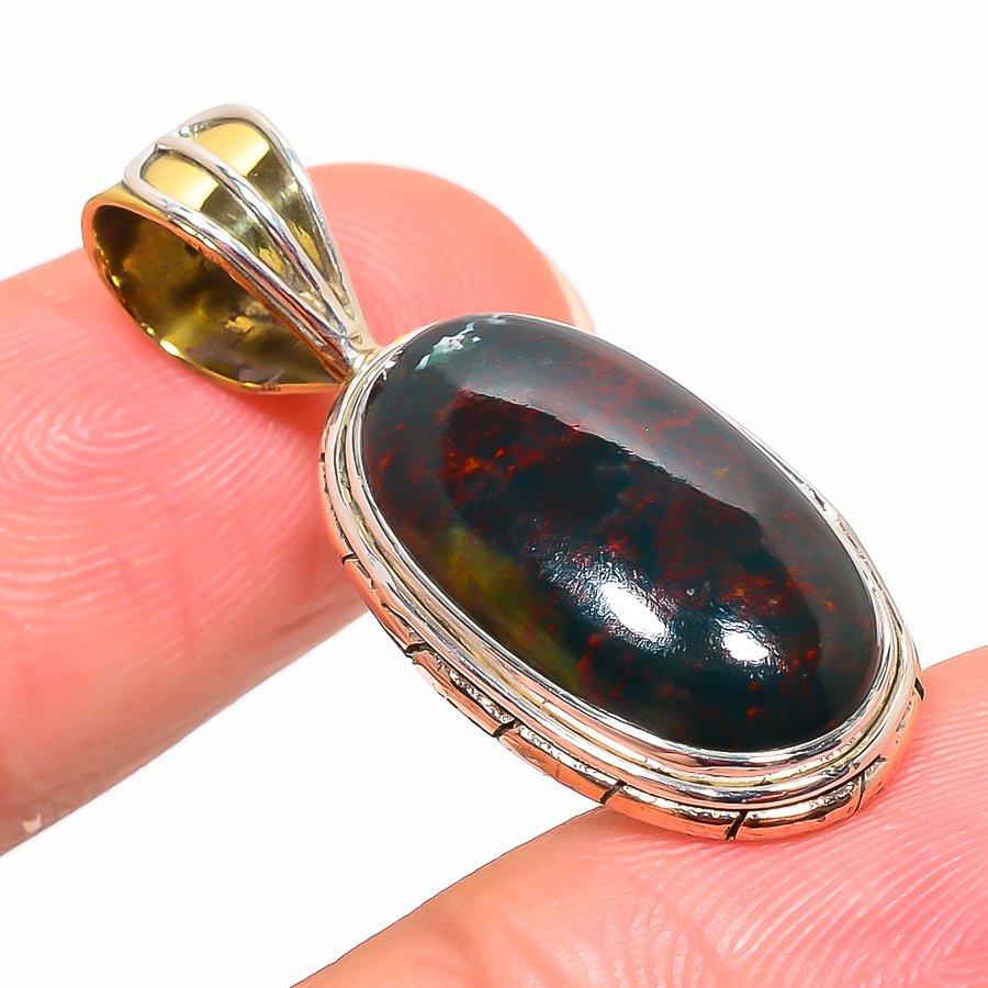 Natural Bloodstone Gemstone TwoTone 925 Solid Sterling Silver Pendant 1.50" L7P31