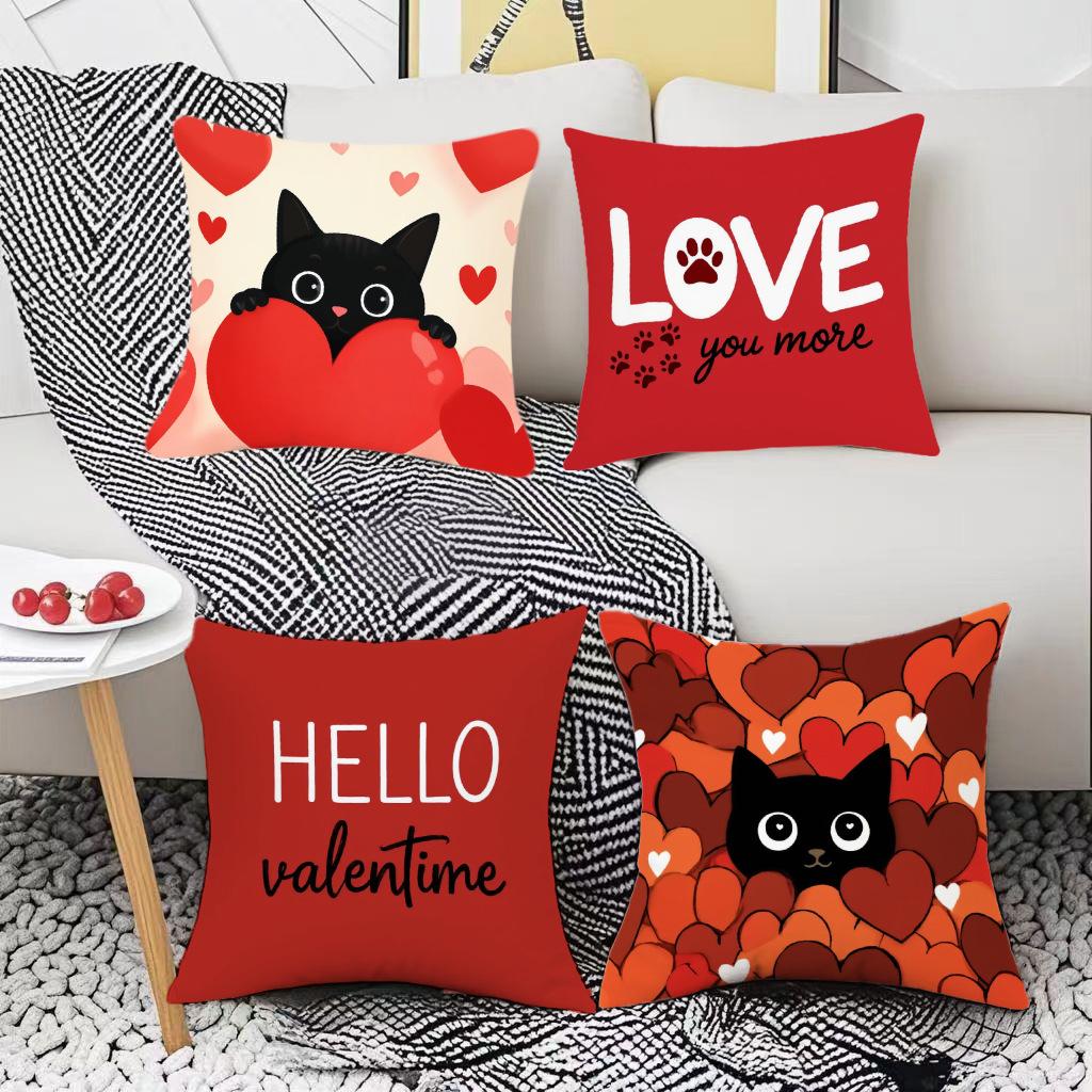Valentinstag Niedliche Katze Digitaler Buchstabendruck Leinenmaterial Heimdekoration Wohnzimmer Sofakissenbezug