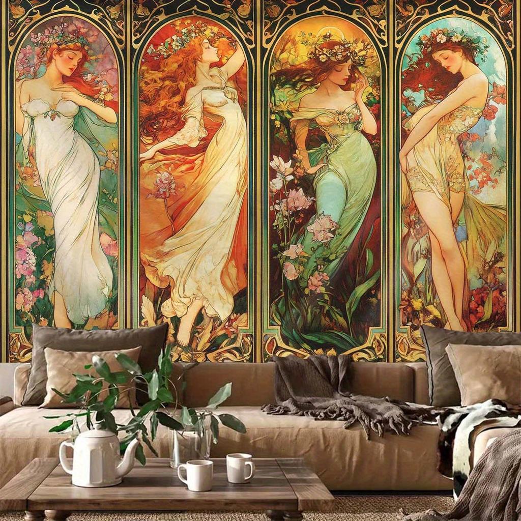 1 Pezzo Mucha Quattro Stagioni Dee Art Nouveau Arazzo da Parete per Soggiorno Camera da Letto Decorazione Classica Stampa Floreale Artistica Casa