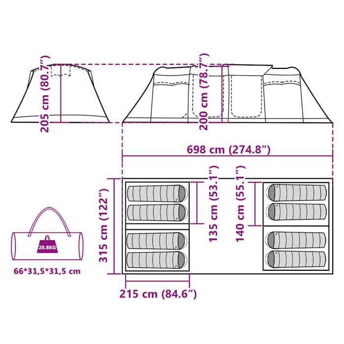 Tente de camping tunnel - vidaXL - 8 personnes - Imperméable - Gris et orange - Facile à monter