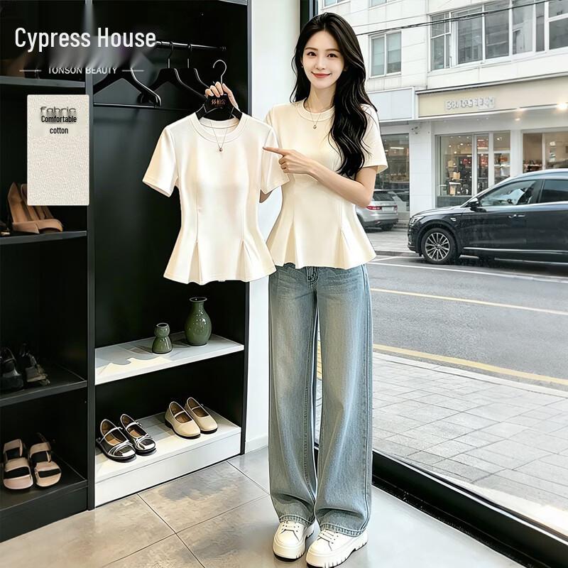 Women s Fashion Slim Fit Round Neck Short Sleeve T-Shirt L бежевый
