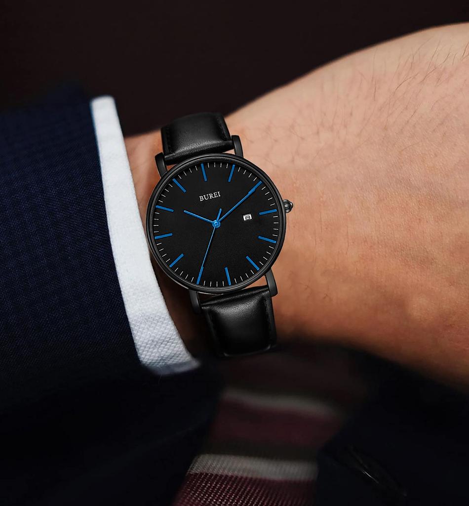 BUREI Men's Leather Watch, Simple and Stylish, Waterproof, Analog, Popular, Date Display, Business, Brand, Gentleman, Slim, Men's Watch G