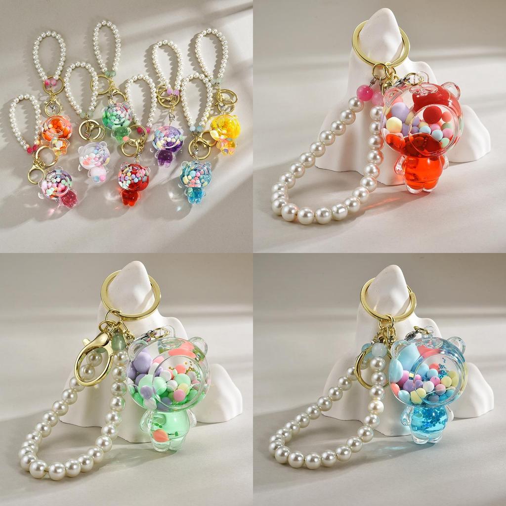 Acrylic Colorful Bead Bear Keyring With Pearl Chain For Children Gift And Celebration
