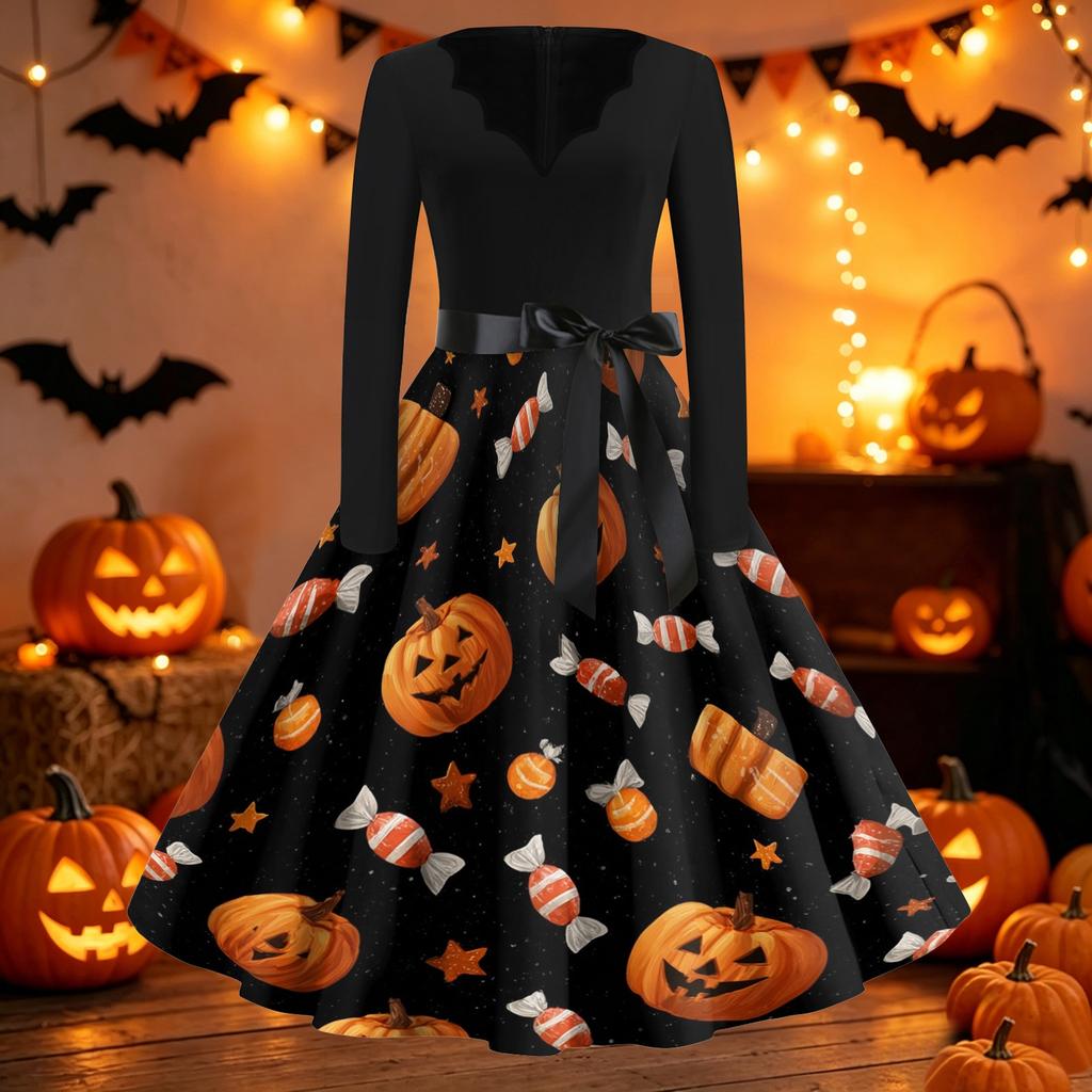Womens Vintage V Neck Dress Halloween Print Long Sleeve Casual Retro Swing Dress with Waist Tie Belt and Flared Skirt for Party
