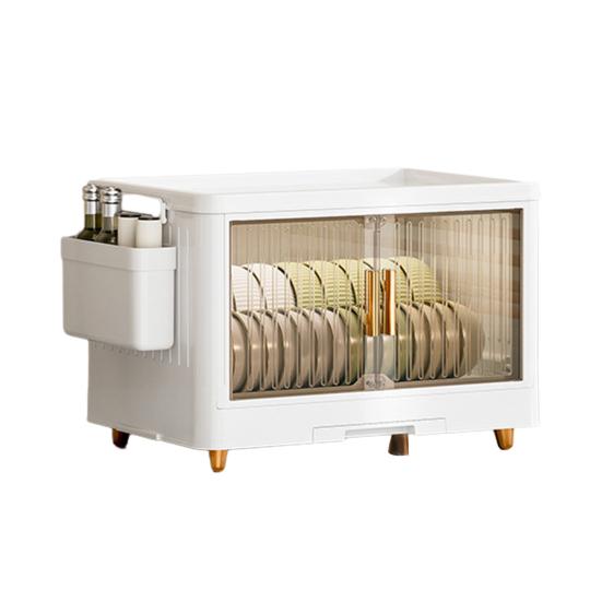 Stackable Tableware Storage Box Multi-Tier Dinnerware Organizer with Clear Lid Doors Hooks Dishes Plates Cups Storage Bins with Drainage Tray