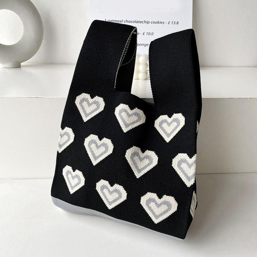 Women Girls Reusable Knit Handbag Heart Flower Wrist Bag Handmade Knot Tote Bag Shopping Bags Outdoor Casual Accessories