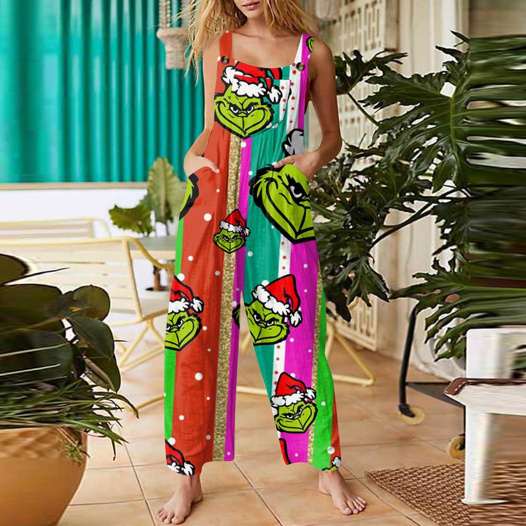 Women's Fashion Christmas  Print Casual Retro Sleeveless Button Jumpsuit