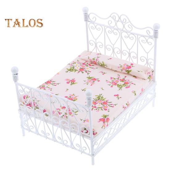 TALOS Dollhouse Bed European Style Accessories Metal Mini Double Bed Props Supplies for Room Scene