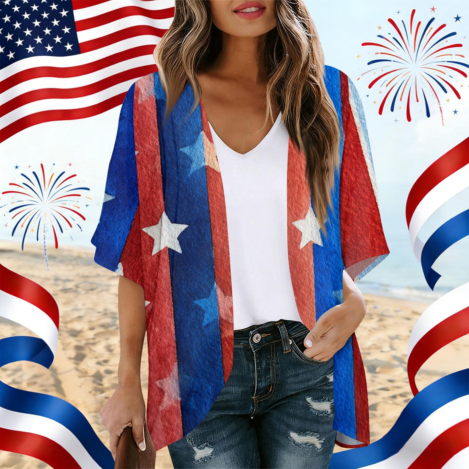 

Women s Independence Day Print Cardigan, Loose-Fit Tunic, Casual Shirt L синий