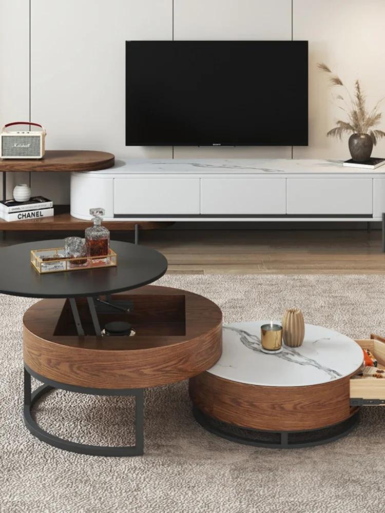 For Nordic Stone Plate Lifting Coffee Table TV Cabinet Combination Modern Simple and Light Luxury Round