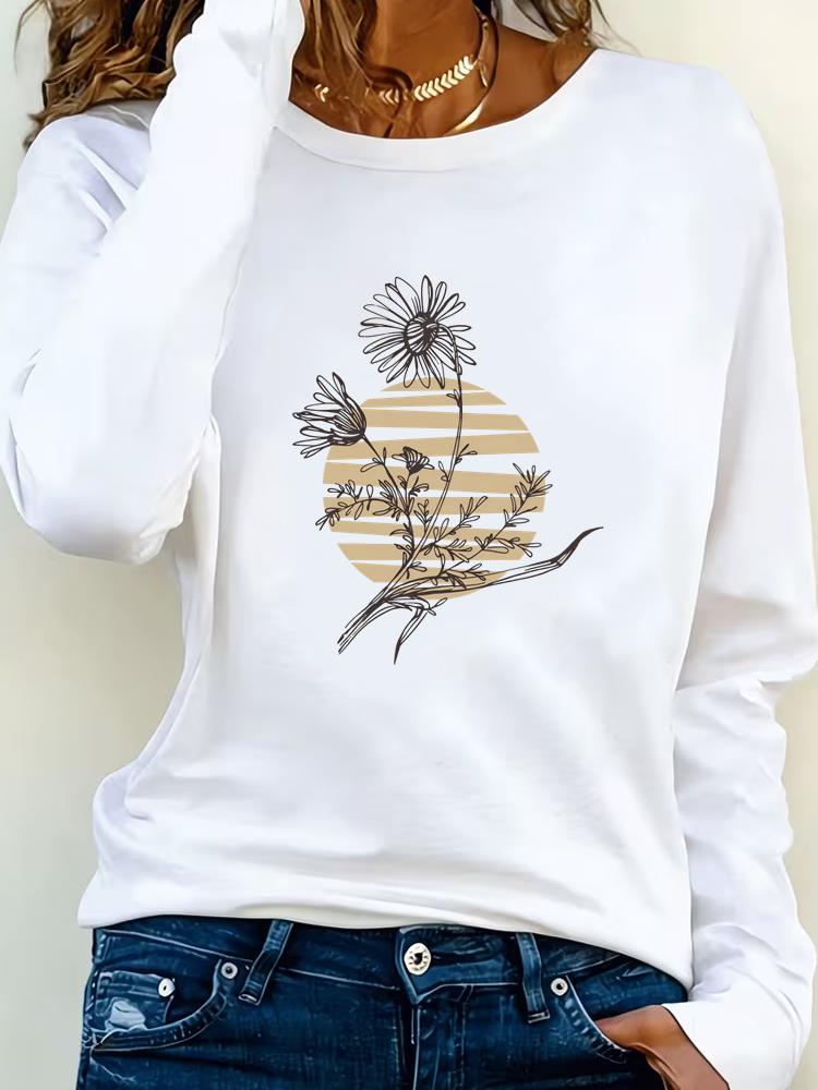 (Asian Size) Lovely Butterfly Style Print T Shirt Tee Women Clothing Autumn Winter Spring Casual Fashion Top O-neck Graphic Long Sleeve T-shirts