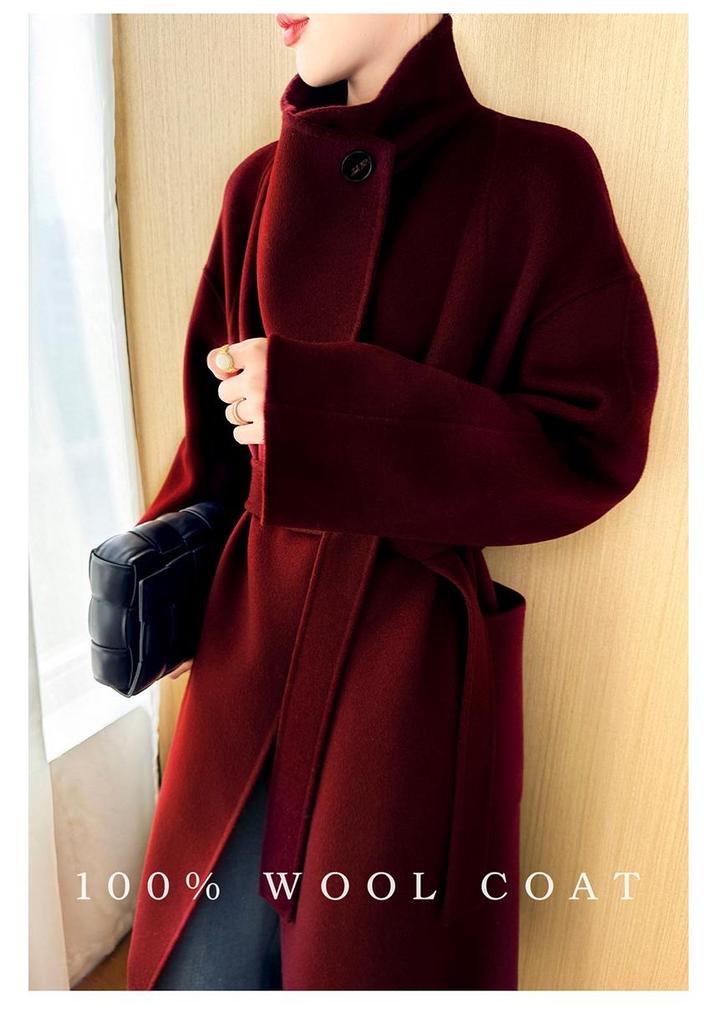 Elegant Mid-Length Velvet Wool Coat - Women's Korean Style Loose Fit with Stand Collar