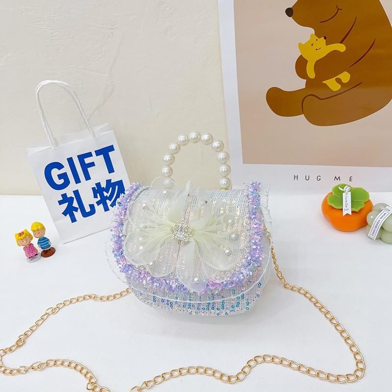 Childrens Canvas Bag With Artificial Pearl Handle And Butterfly Cartoon Pattern For Daily Use