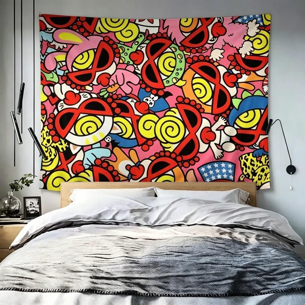 1 Pc Hyper Colorful Cartoon Tapestry Hysteric Mini Style Wall Hang Backdrop Cloth For Living Room Bedroom Bold Streetwear Decor