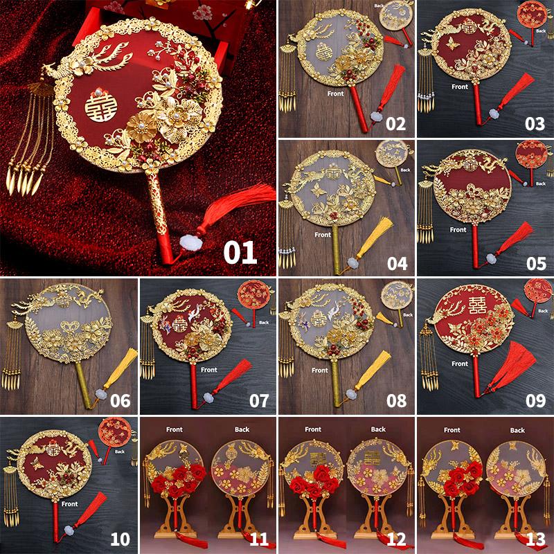 Antique Chinese Wedding Decor Fans For Bride Gold Red Bridesmaid Handheld Hanfu Decor Fan Dragon Phoenix Flower Palace Fan