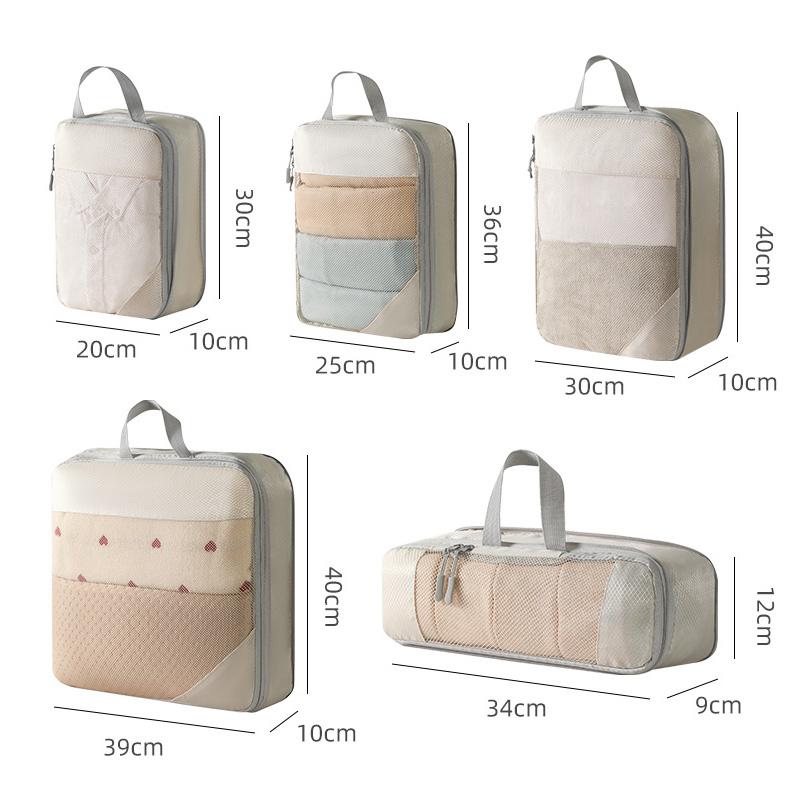 5pcs/set Compression Storage Bag Travel Mesh Surface Storage Bag Foldable Cube With Handle Clothes Organizer Travel Essential
