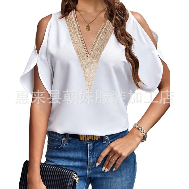 GMXIA Camicette e camicie da donna con scollo a V, maniche corte, stampa tinta unita casual alla moda