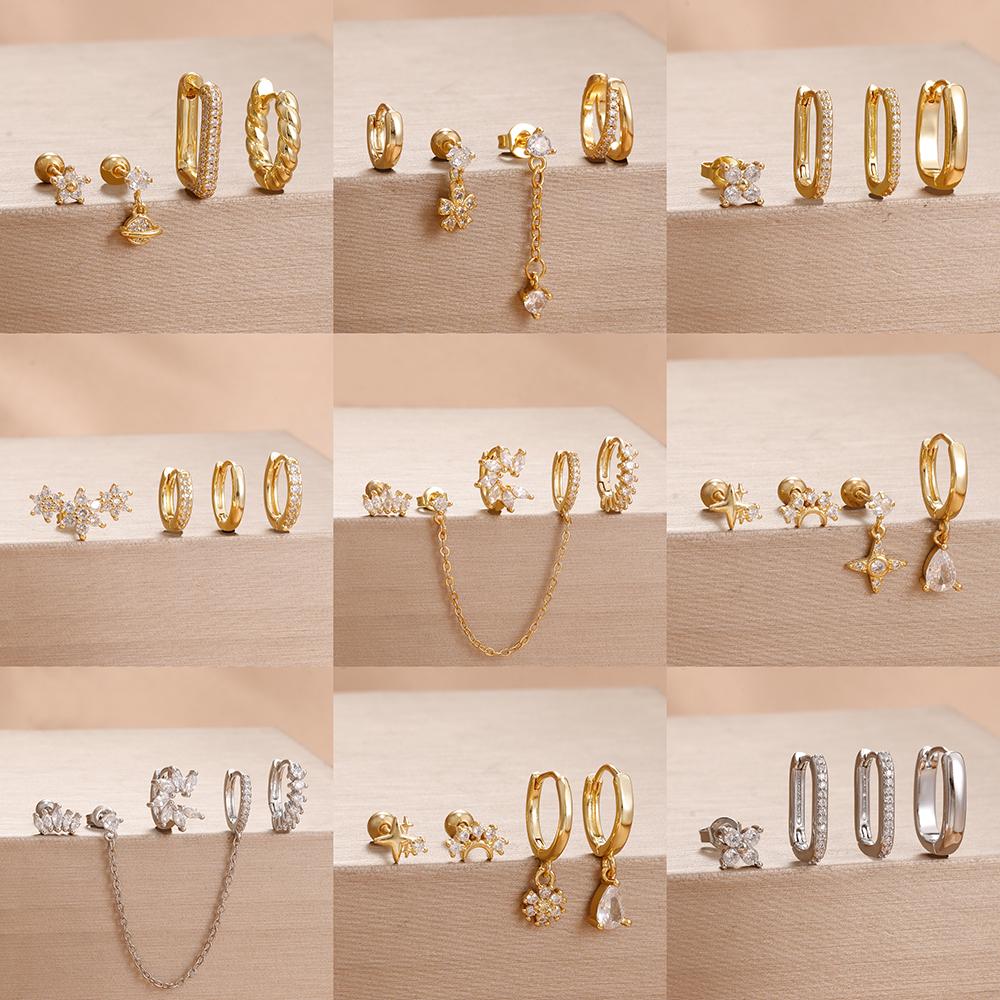 4PCS Fashion Star Moon Stainless Steel Zircon Stud Earrings Set For Women 114K Gold Plated Earring Classic Huggie Daily Jewelry