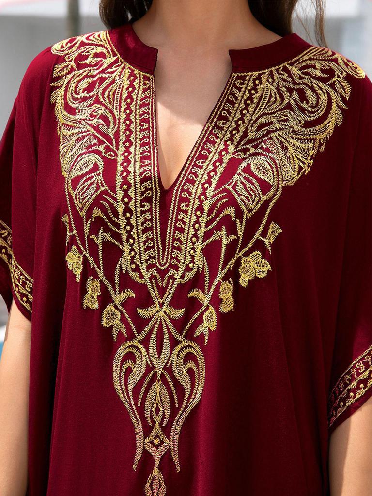 Women's Loose Long Beach Cover-up: Rayon Embroidery Bikini Sunscreen Robe