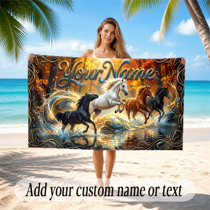 Horse Theme Quick Dry Beach Towel Custom Name Text Print Large Sand Resistant Towel Beach Vacation