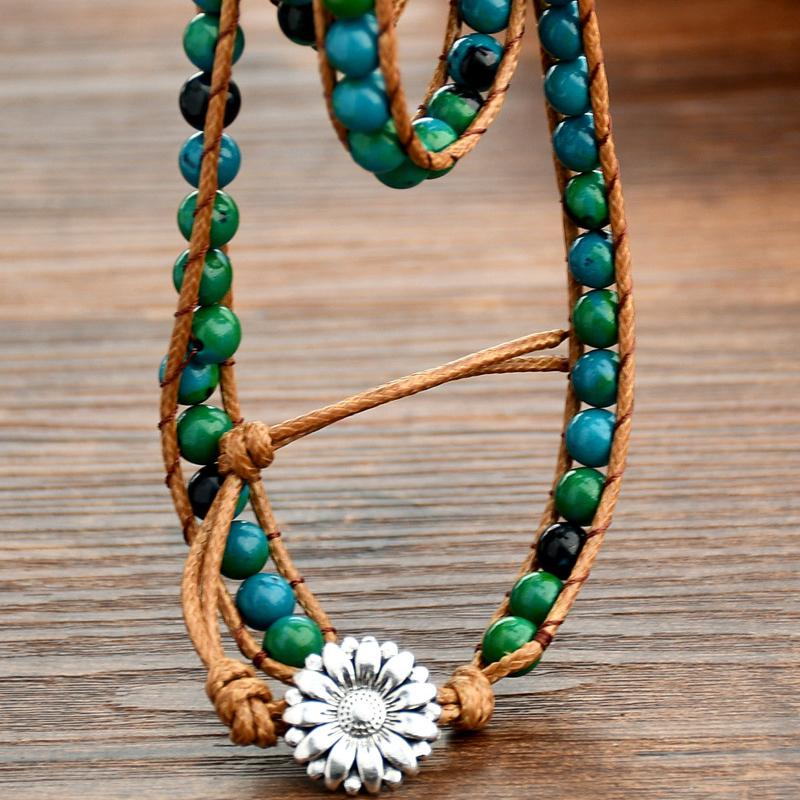 GemChic Damen Ethnisches Mehrschichtiges Webseil Legierung Chrysanthemen Armband Klassisch Retro Geburtstag Weihnachten Schmuck Geschenk