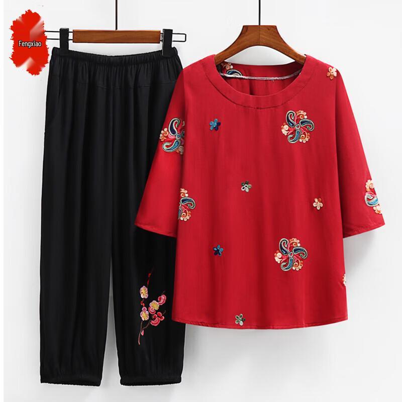 Elderly Women s Cotton Silk Summer Two-Piece Set