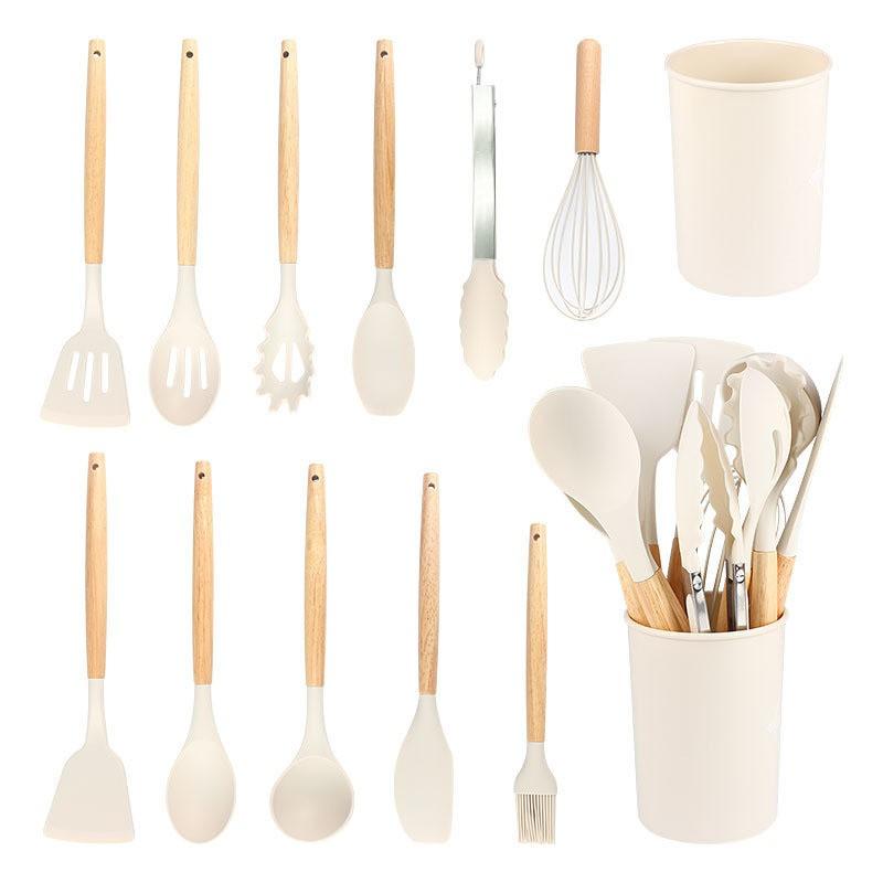 12-Piece Silicone Kitchen Utensil Set With Wooden Handle Heat-Resistant Non-Stick Cooking Tools Home Use