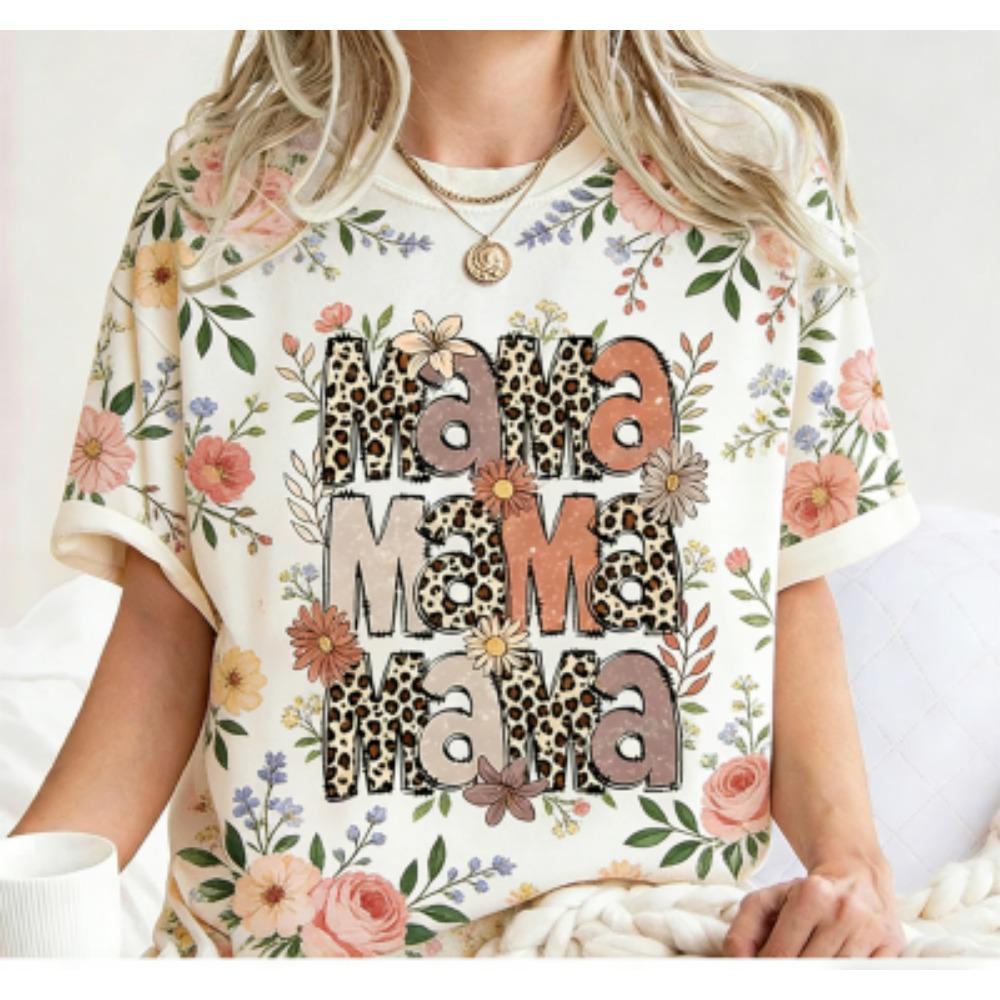 Fashion Funny Flower Leopard Mama Letter Print Women's Short Sleeves T-Shirt Loose Casual Summer Outdoor Street Women's Tees Tops