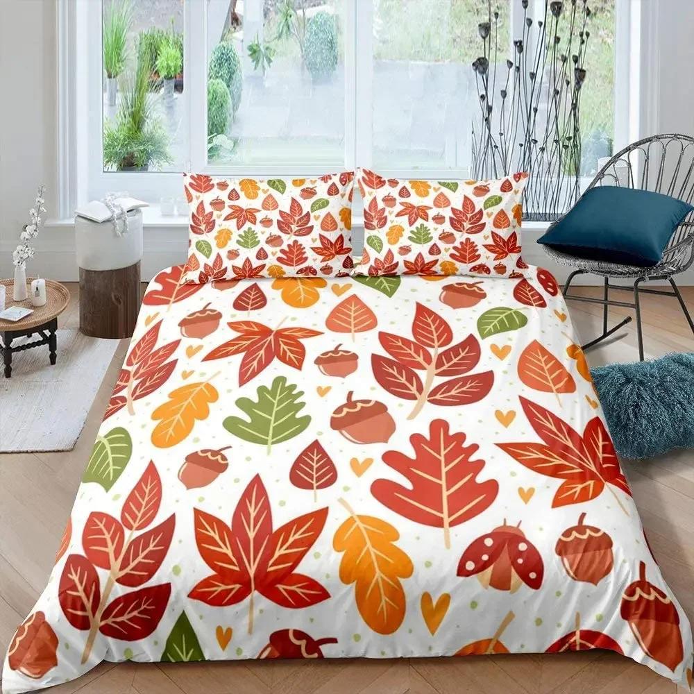 Maple Leaves Duvet Cover Set Colorful Autumn Season Maple Leaves In Unusual Designs Nature Print King Size 2/3pcs Bedding Set