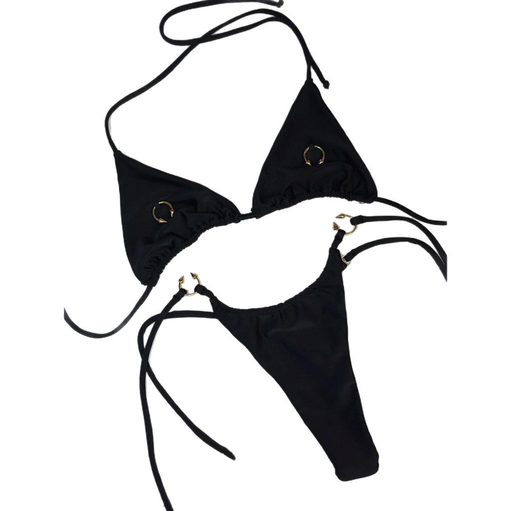 Black Bikini Strappy Three-point Swimsuit Sexy Split Low-rise Thong for Women