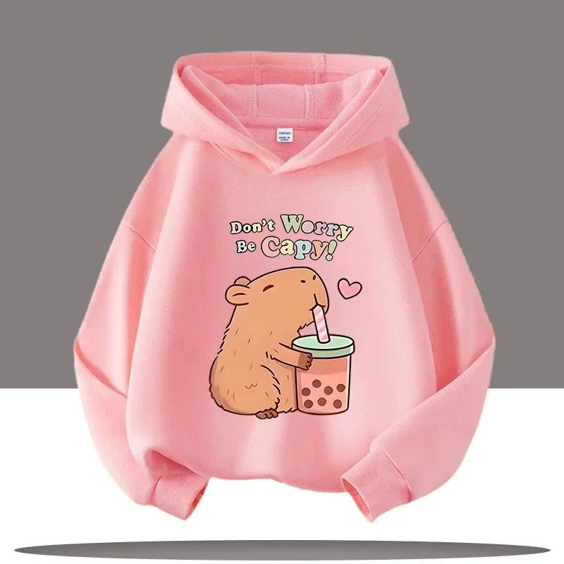 Jesienno-zimowa ciepła bluza z kapturem dla dzieci, pulower z kapibarą, bluza dla chłopców i dziewcząt, casualowy top dziecięcy z kreskówką