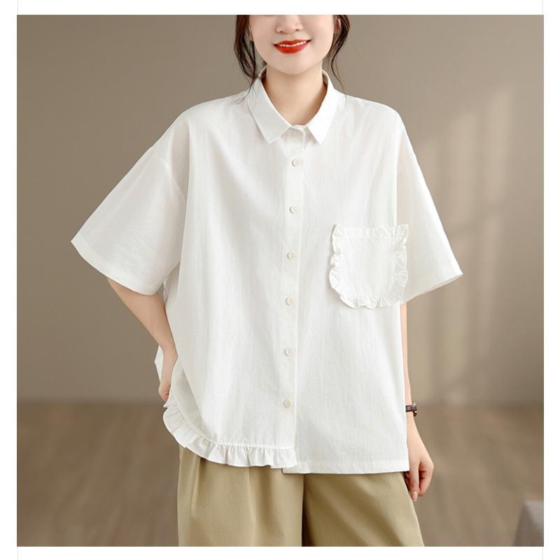 DIMANAF 2026 Women Plus Size New Summer Blouse Shirt Short Sleeve Solid Casual Loose Cotton Lady Tops Shirts