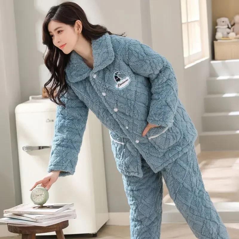 Sleepwear Women Winter Home Sleep Clothes Three Layer Thick Cotton Nightgown Flannel Coral Fleece Warm Coat Large Homewear Set