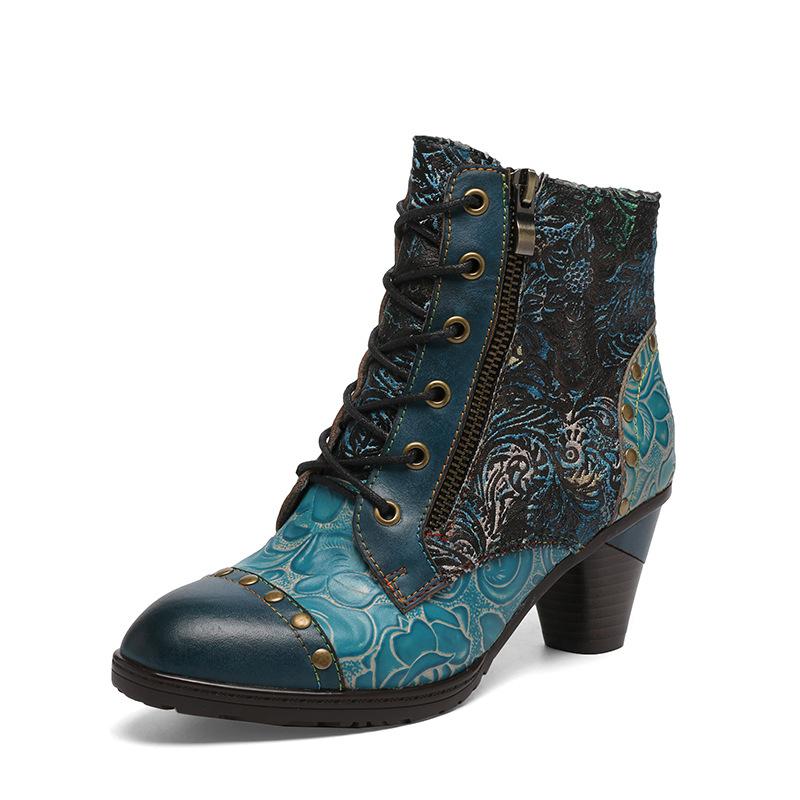 Johnature Vintage Floral Genuine Leather Patchwork Rivet Handmade High-heeled Women's Short Boots