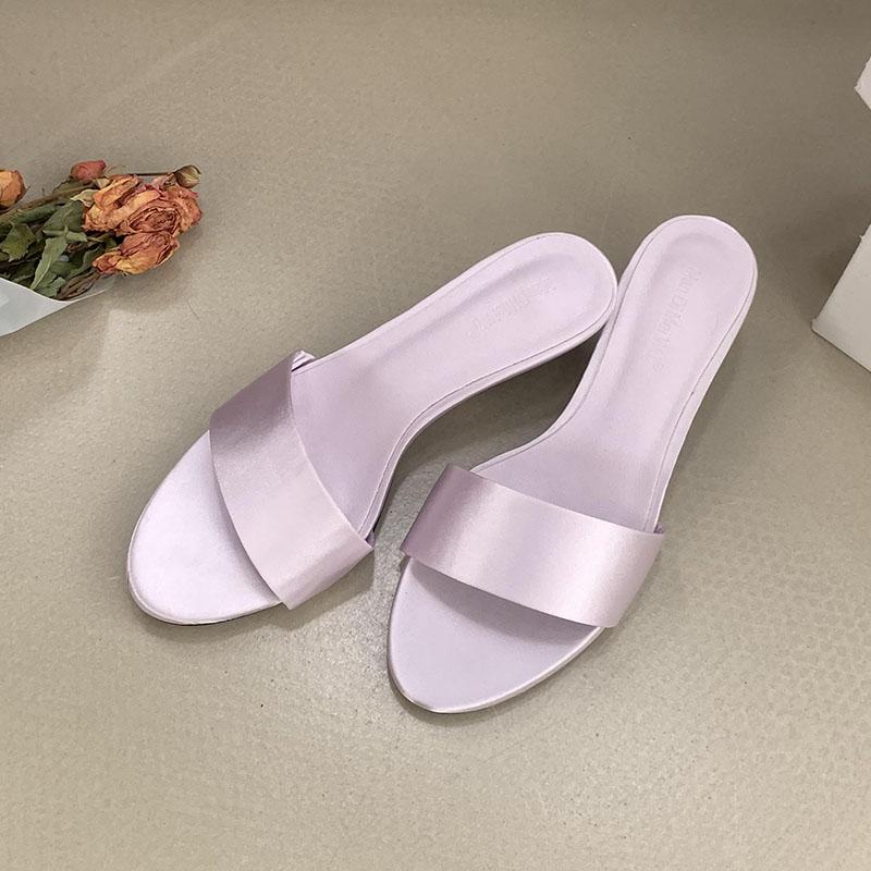 

Fashion Fashion Silk Women Low Heels Slides Slippers Shoes Spring Summer Round Toe Ladies Heeled Slippers Shoes Female Sandals Pumps 35 фиолетовый