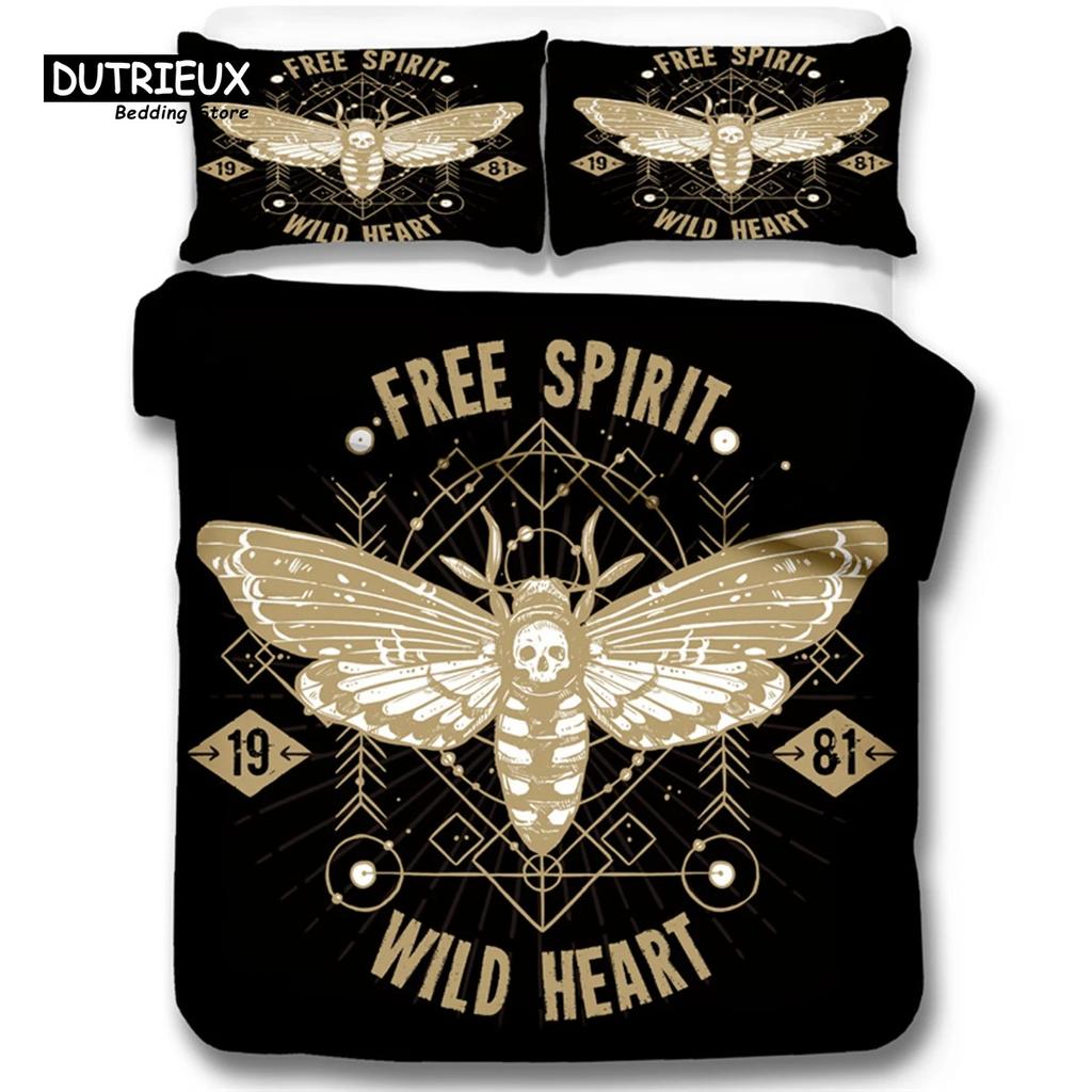 Gothic Skull Bedding Set Decorative Death Moth And Flowers Print Duvet Cover Personalized Skeleton Bones Butterfly Pillowcases
