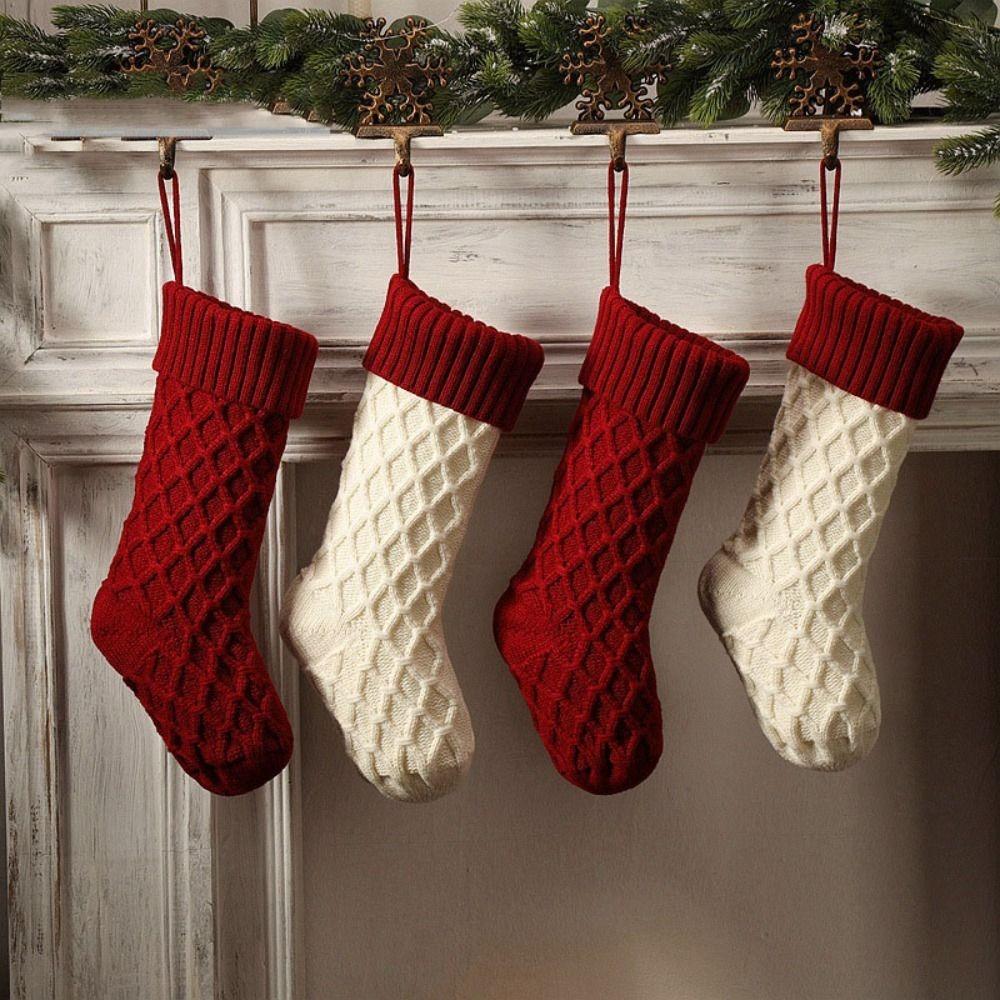 Haushalt Rhombus Textur Gestrickter Weihnachtsstrumpf Wiederverwendbar Garn Weihnachtsgeschenksocken Große Größe Weihnachtsgeschenktüte Neujahr