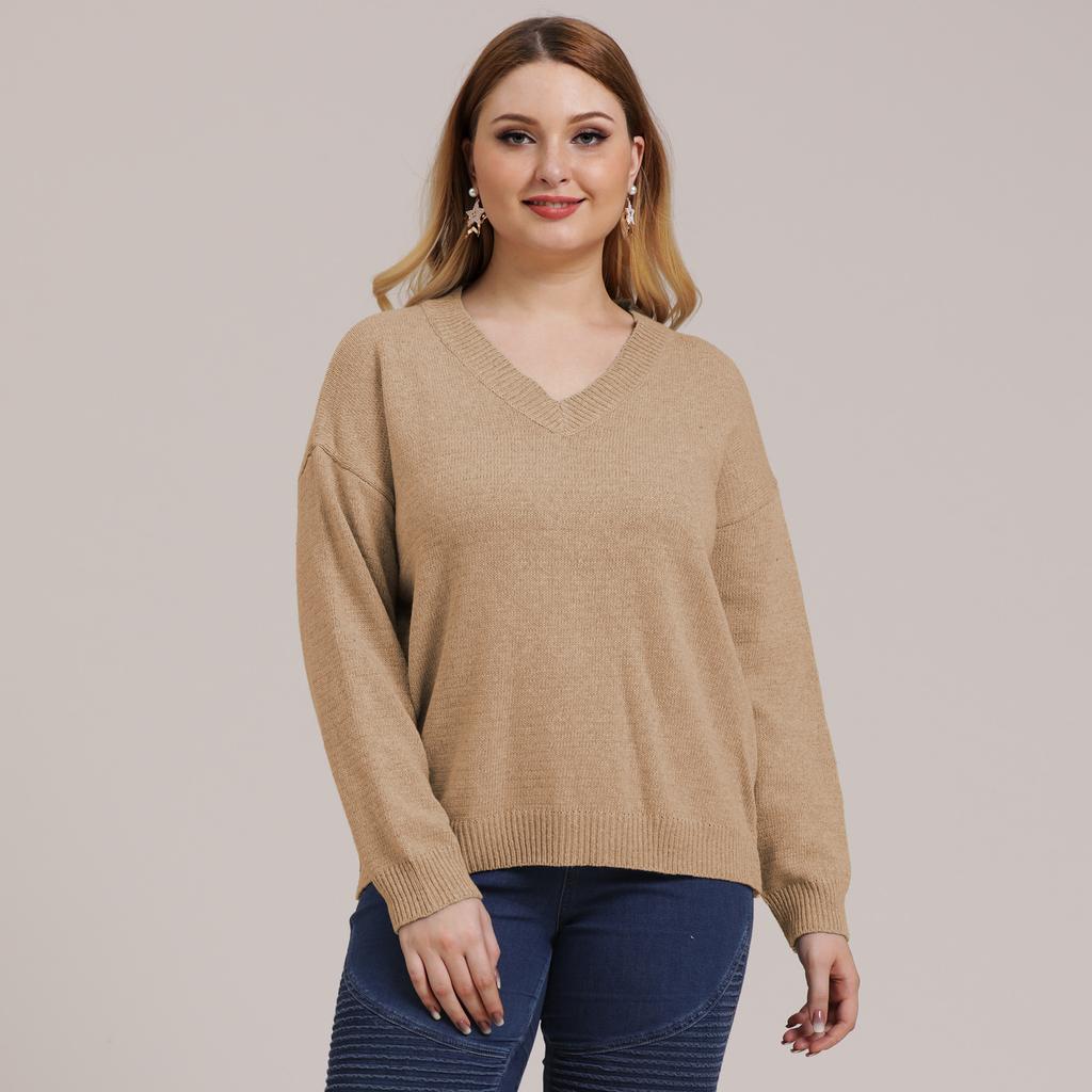 Autumn and Winter Plus Size Women's Solid Colour Simple Woven V-neck Pullover Jumper