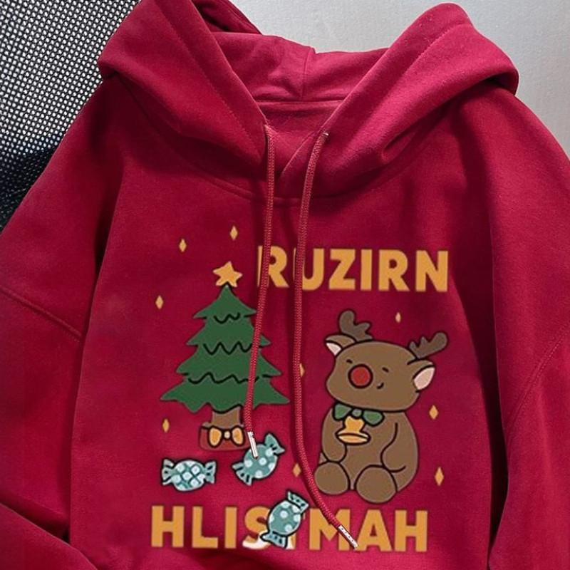Christmas Preheating Cute Reindeer Print Casual Loose Hoodie Trendy Wear For Teenagers Warm Hoodie