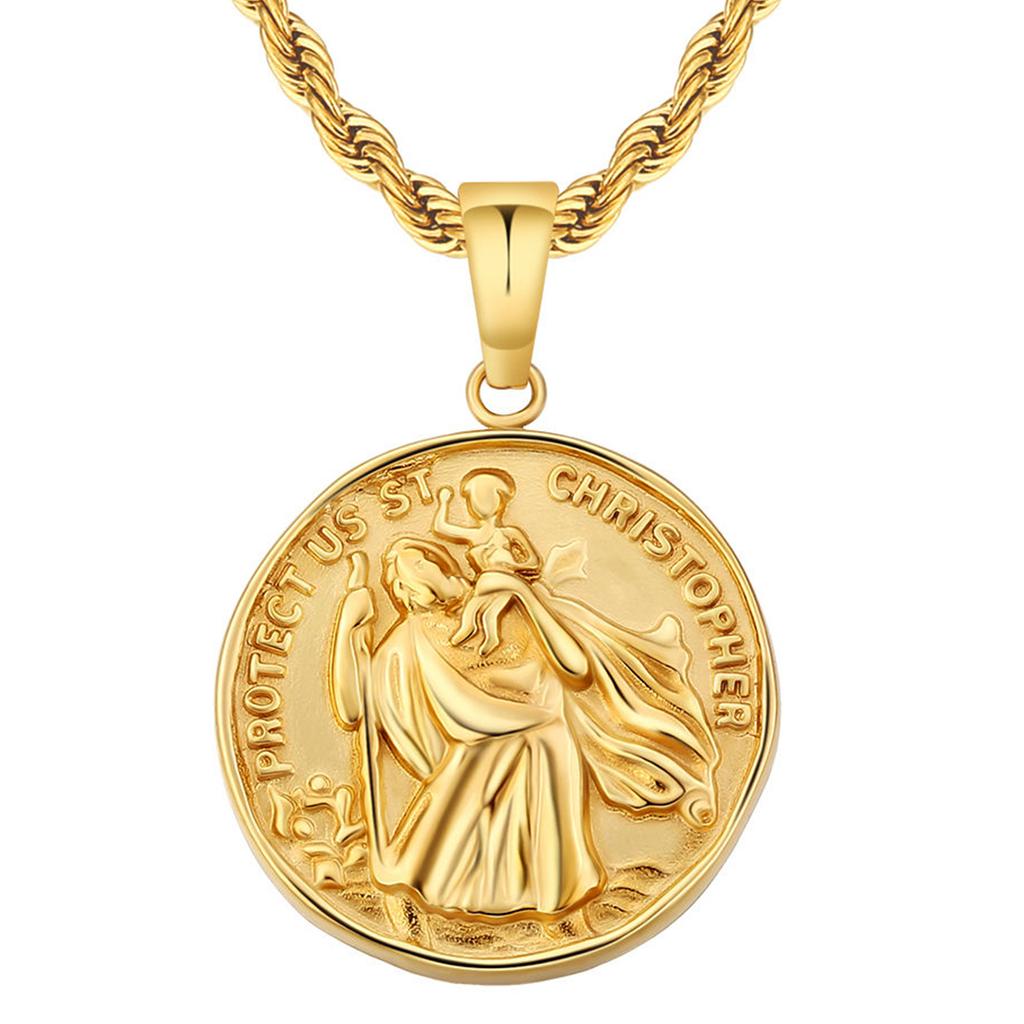 New Coin Jewelry Necklace Men Women Waterproof Compass Lion ST CHRISTOPHE 18K Gold Plated Stainless Steel Coin Necklace Pendant