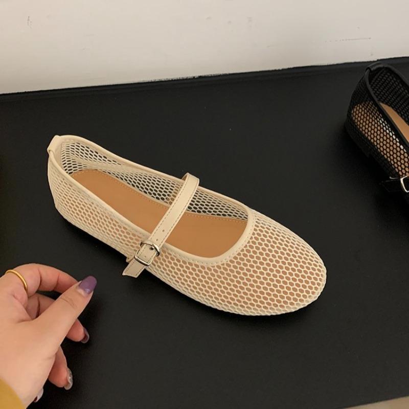 Fashion Mesh Hollow Breathable Single Shoes New Round Toe Shallow Mouth One Buckle Soft Sole Flat Shoes for Women in Spring and Summer