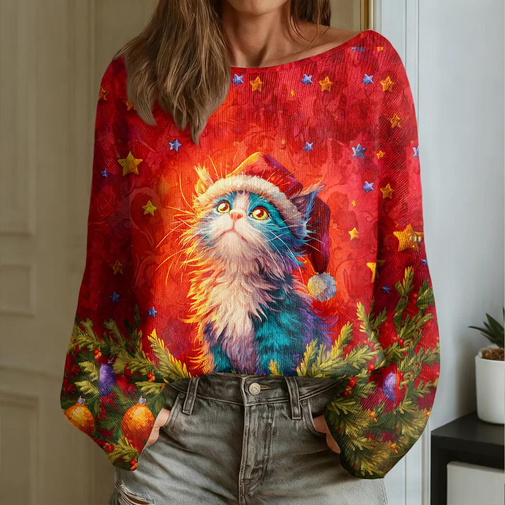 Women's Fashion Round Neck Long Sleeve Christmas Print Casual Pullover Sweater Top