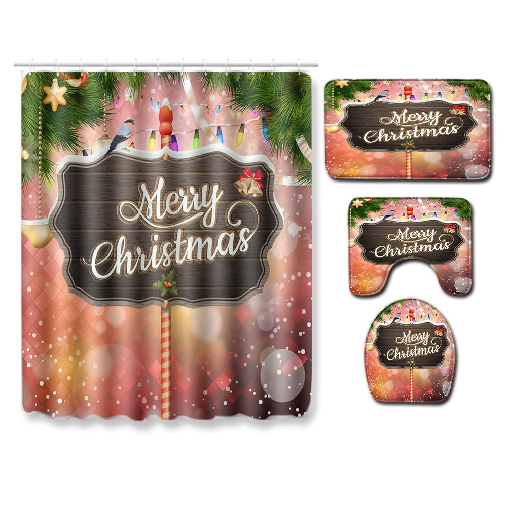 Christmas Bathroom Non-Slip Door Mat, Shower Curtain Floor Mat Combination Four-Piece Toilet Absorbent Carpet